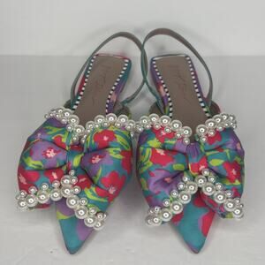 Betsey Johnson Camilo Floral Bow Pearl Slingback Flats 6.5M